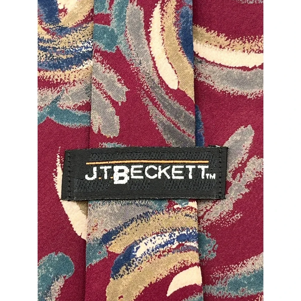 Vtg J.T.‎ Beckett Mens Neck Tie Abstract Swirl Pattern Burgundy Teal Blue